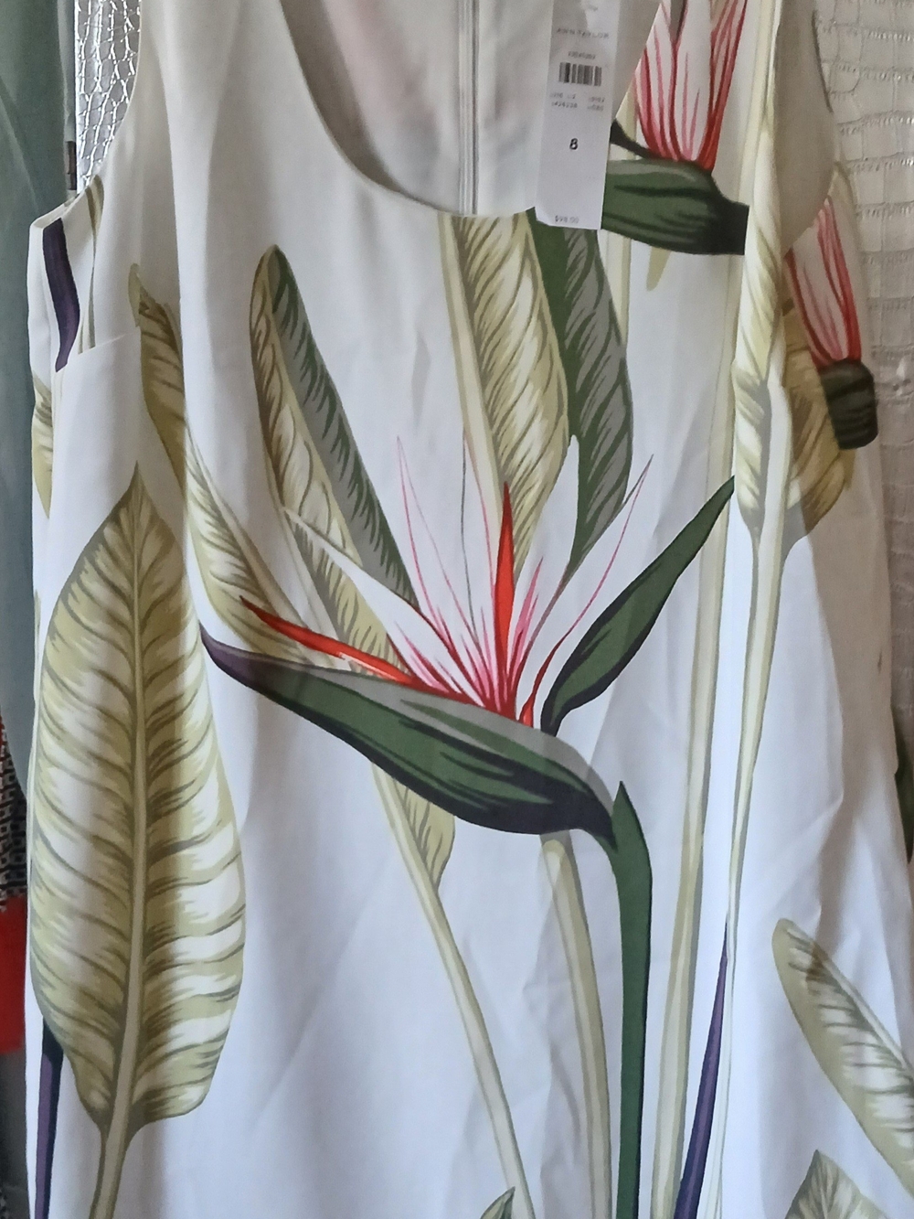 Sleeveless White Tropical Print Dress with Green & Red Accents